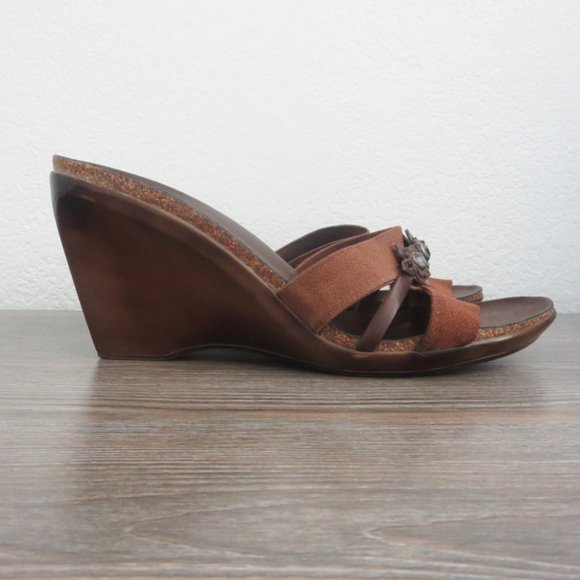 Italian Shoemakers Dark Brown Rhinestone Flower Open Toe Wedge Shoes Sandals 11 - Picture 8 of 16